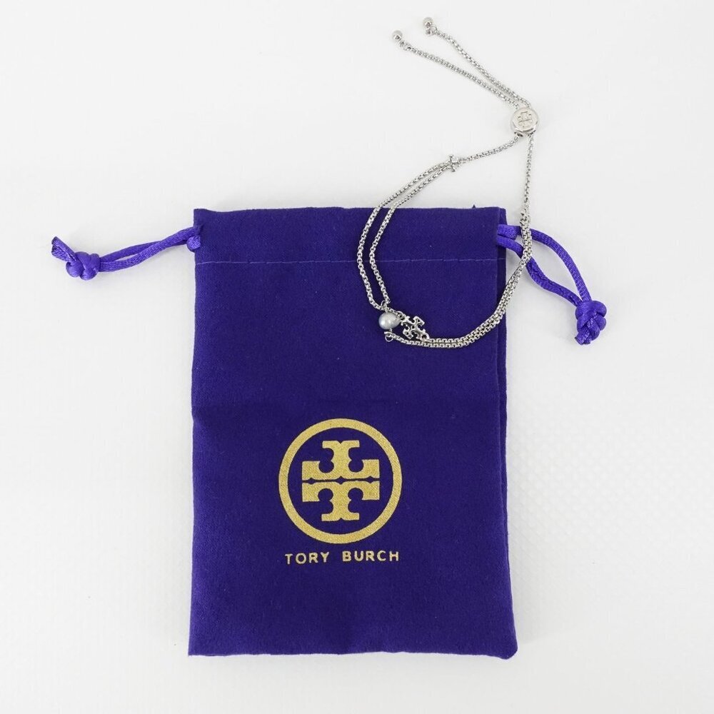 Tory Burch Logo Pearl Slider Adjustable Bracelet Silver OS - Picture 3 of 12